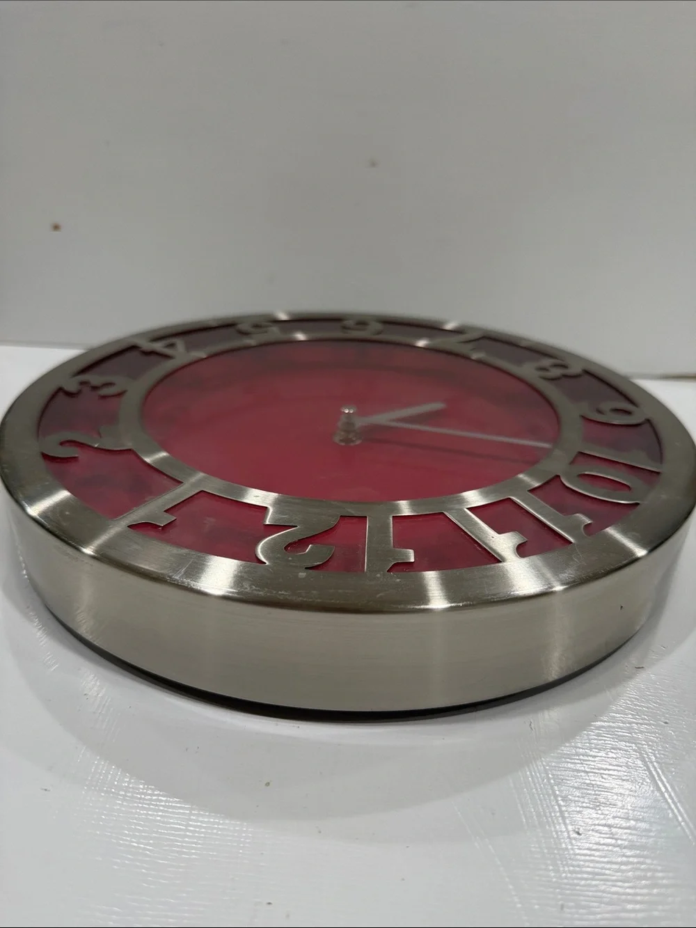 Contemporary Red Wall Clock 11” in Diameter with Brushed Silver Numeral Frame